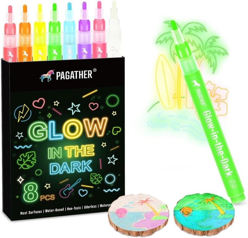 Pagather 8 Colors Glow in the Dark Markers – 2mm Round Tip Neon Fluorescent Paint Pens for Rock Painting, Fabric, Glass, Wood, and DIY Crafts - Image 1